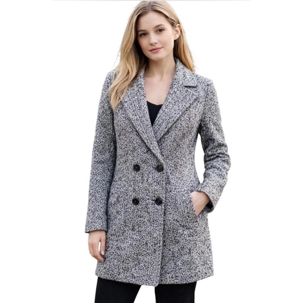 Cabi Black White Herringbone Double Breasted Coat Jacket L Notch Lapel Pockets